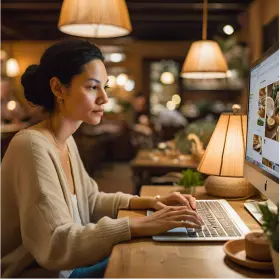 Mujer realizando una reserva en línea desde su computadora portátil en un restaurante con ambiente acogedor.