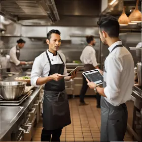 Camareros usando una tableta con el sistema Odoo para visualizar órdenes en tiempo real dentro de una cocina